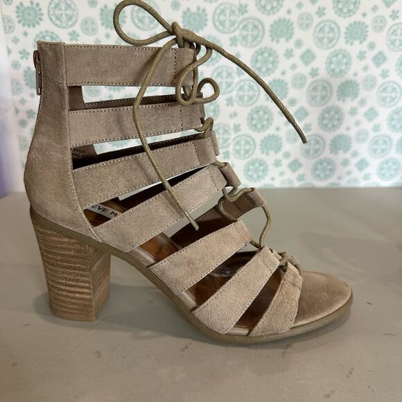 Steve Madden Womens 7.5M Dayyna Chunky Heels Sandals Tan Caged Strappy Tie Zip - Picture 6 of 9